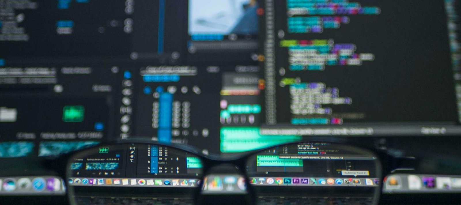 Eyeglasses reflecting computer code on a monitor, ideal for technology and programming themes.